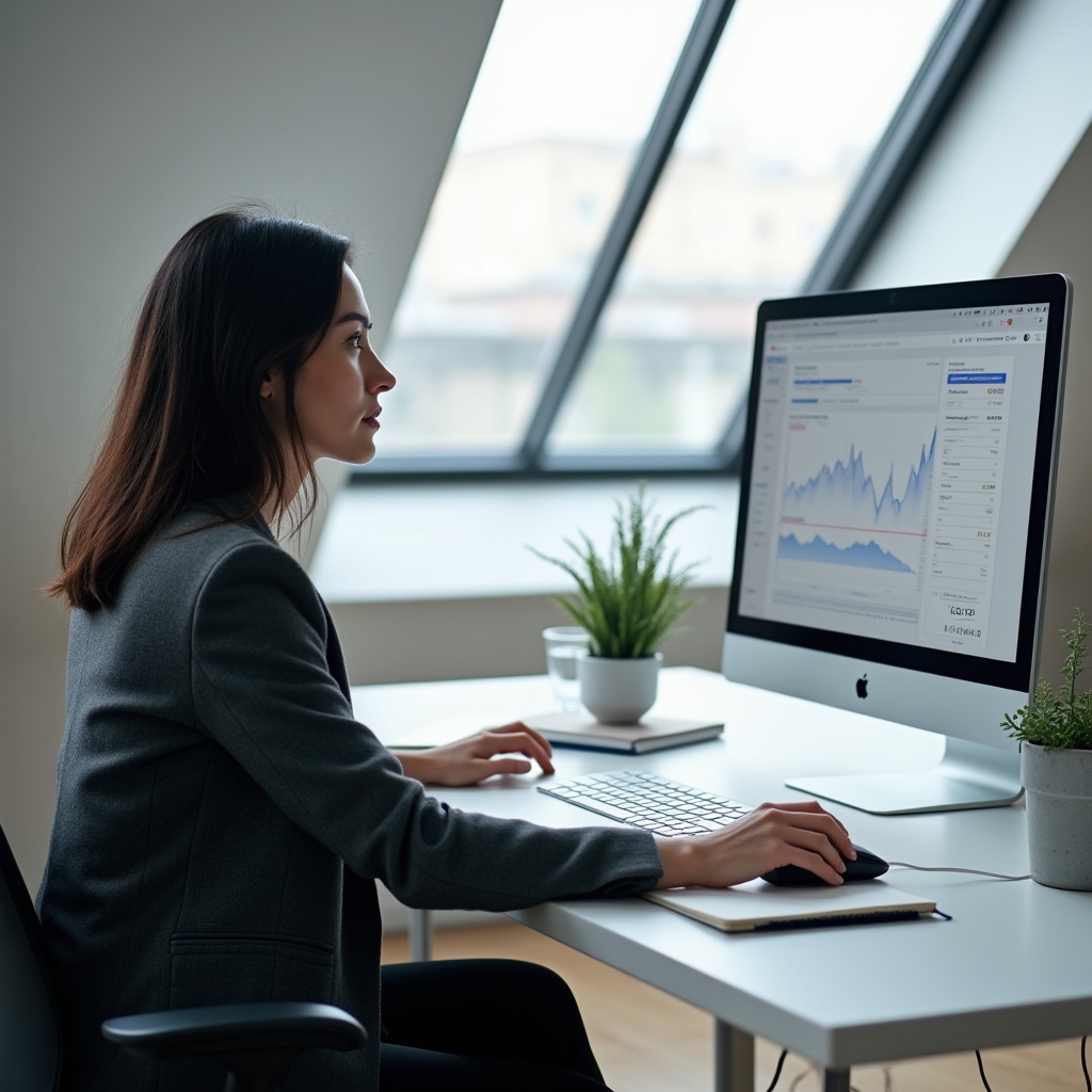 Mid-30s business owner with a determined expression reviewing search performance data on a desktop in a modern open office
