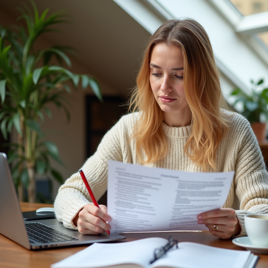 Content strategist reviewing printed content quality checklist alongside laptop screen showing text analysis tools in a bright workspace