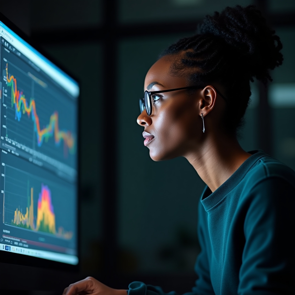 Close-up of a professional analyst intently studying multiple data visualizations on dual monitors in low-key lighting