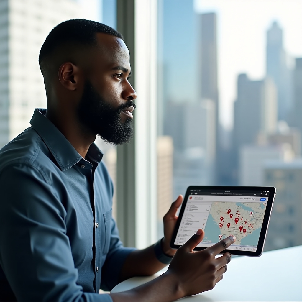 Business analyst viewing local search ranking data on a tablet, sitting at a modern desk with a city view through large windows