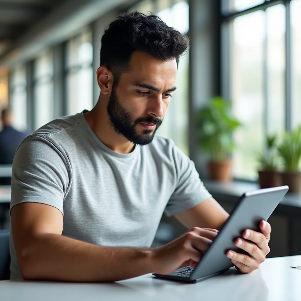 Small business owner in a modern office reviewing local search rankings on a tablet with a focused expression