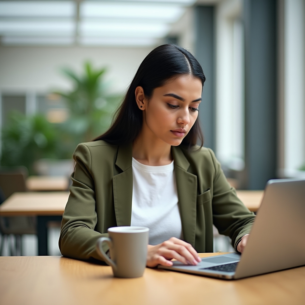 Marketing professional reading the Gavojo Rexiri newsletter on a laptop in a modern coworking space